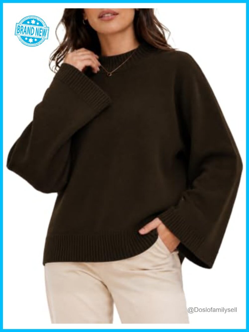 Wide Fit Long Batwing Sleeve Knit Pullover Sweater Mock Neck Cropped